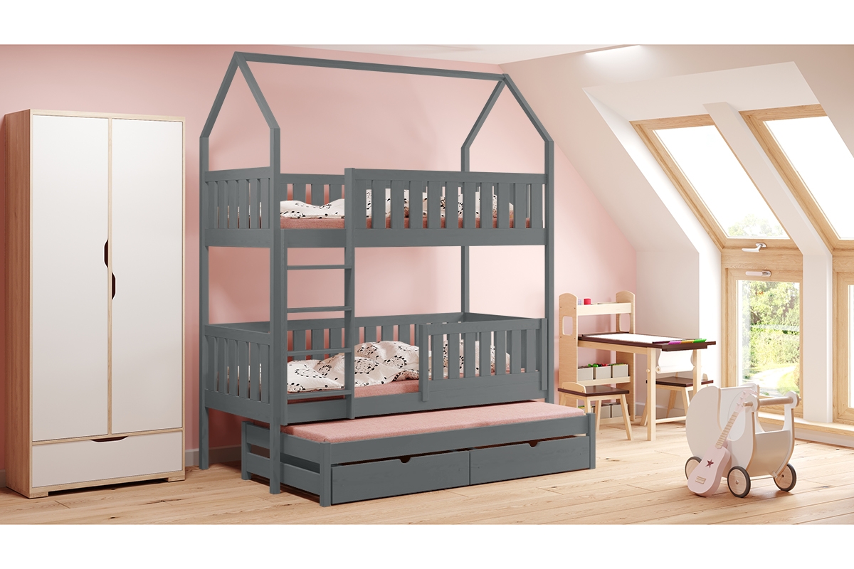 Detská posteľ domček poschodová s výsuvným lôžkom Nemos - grafit, 90x190 Detská posteľ poschodová s výsuvným lôžkom Nemos - Farba Grafit 