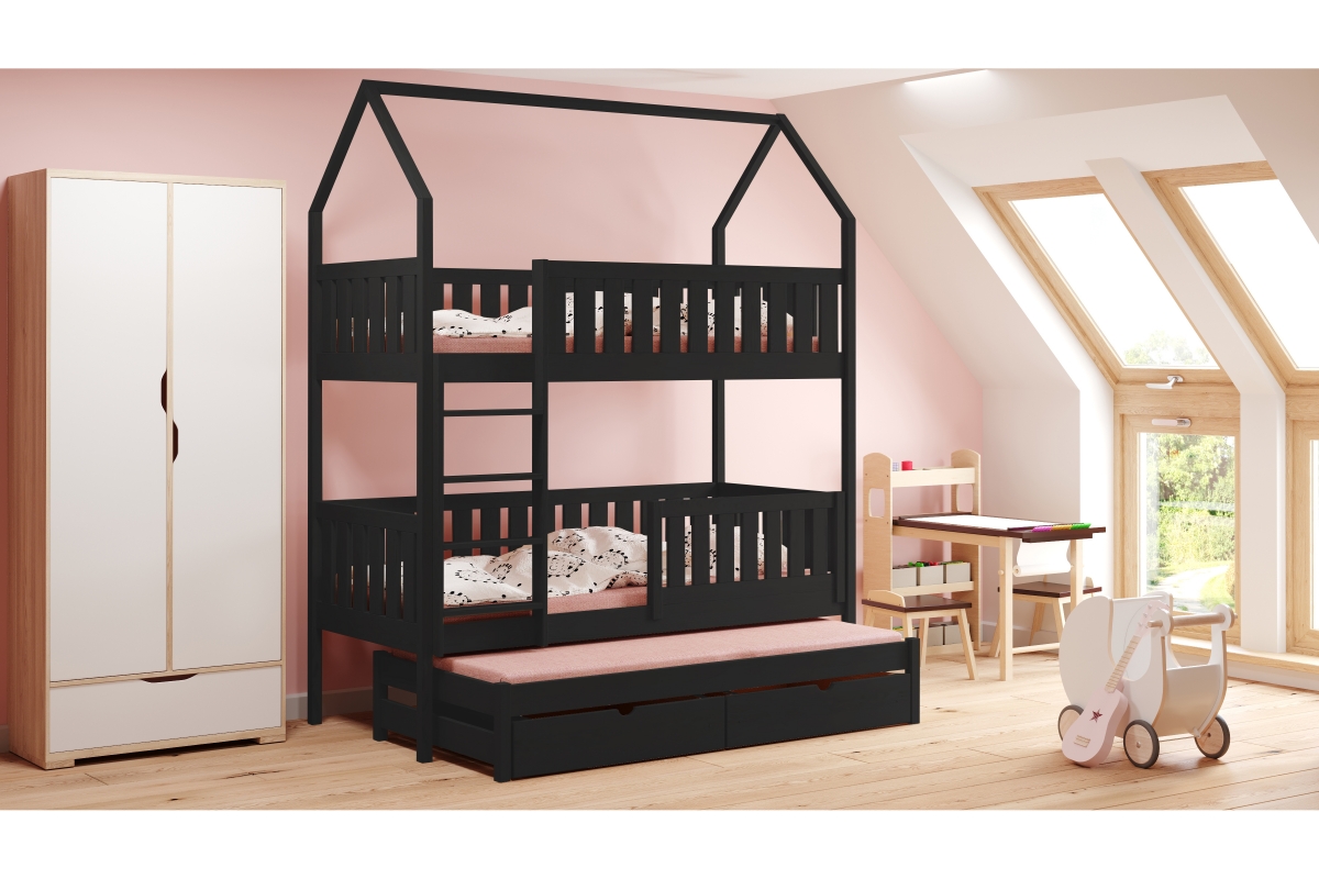 Detská posteľ domček poschodová s výsuvným lôžkom Nemos - Čierny, 90x180 Detská posteľ poschodová s výsuvným lôžkom Nemos - Farba Čierny 
