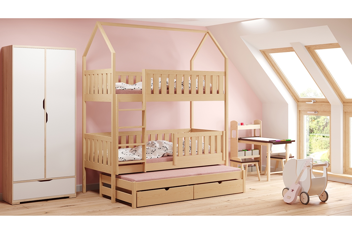Detská posteľ domček poschodová s výsuvným lôžkom Nemos - Borovica, 90x190 Detská posteľ poschodová s výsuvným lôžkom Nemos - Farba Borovica 