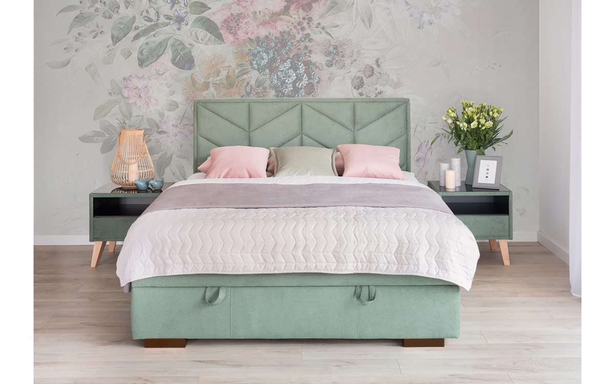 postel pro ložnice s čalouněným stelazem a úložným prostorem Lindi - 160x200  postel čalouněné z drewnianymi nozkami 