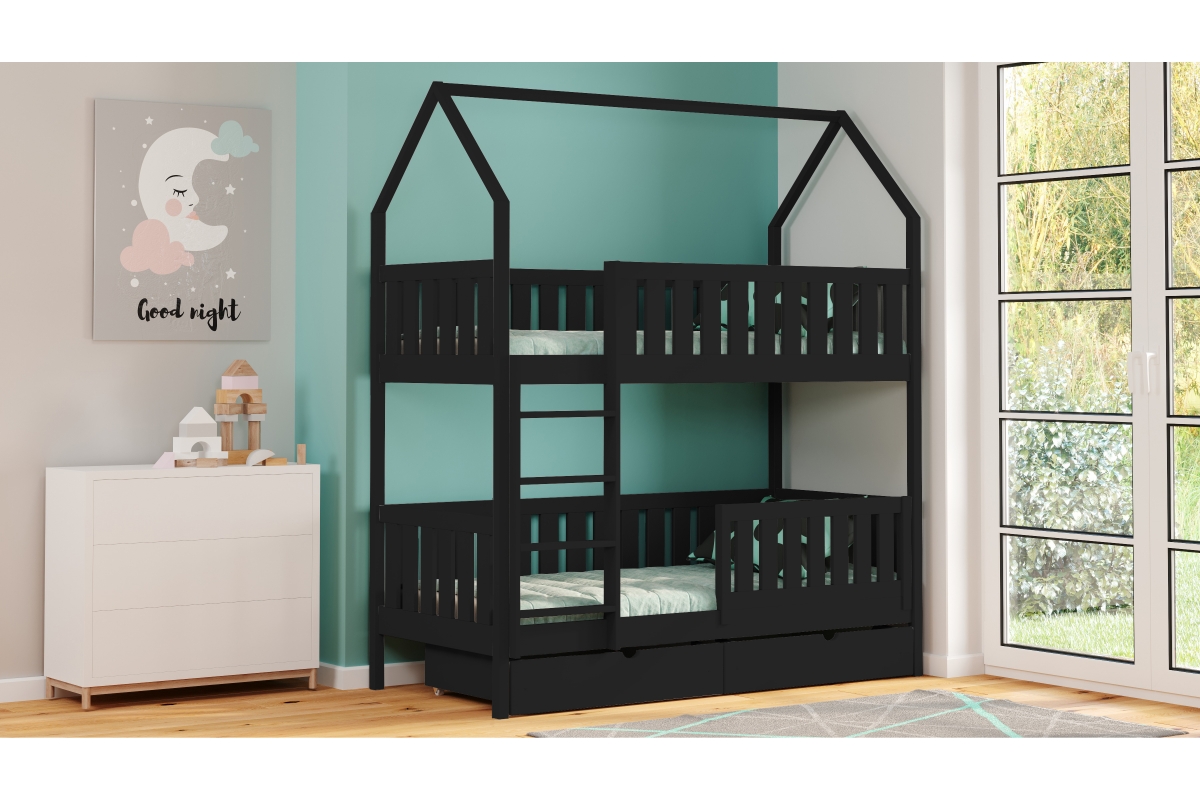 Detská posteľ domček poschodová Nemos - Čierny, 90x180 Detská posteľ poschodová Nemos - Farba Čierny 
