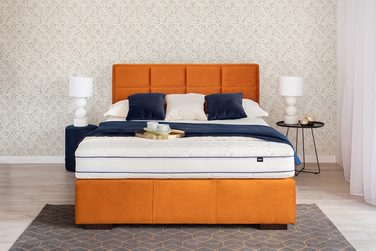 Čalouněná postel Menir 160x200 s úložným prostorem pomaranczowe postel pro ložnice z wysokim wezglowiem 