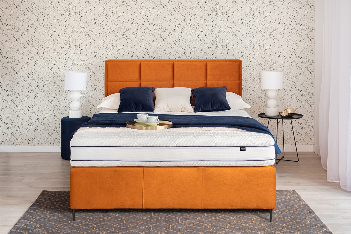 Čalouněná postel Menir 160x200 s roštem - černé nožky postel pro ložnice z tapicerowana rama  