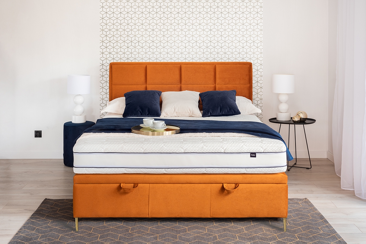 postel pro ložnice s čalouněným stelazem a úložným prostorem Menir - 160x200, Nohy zlaté postel 160x200 