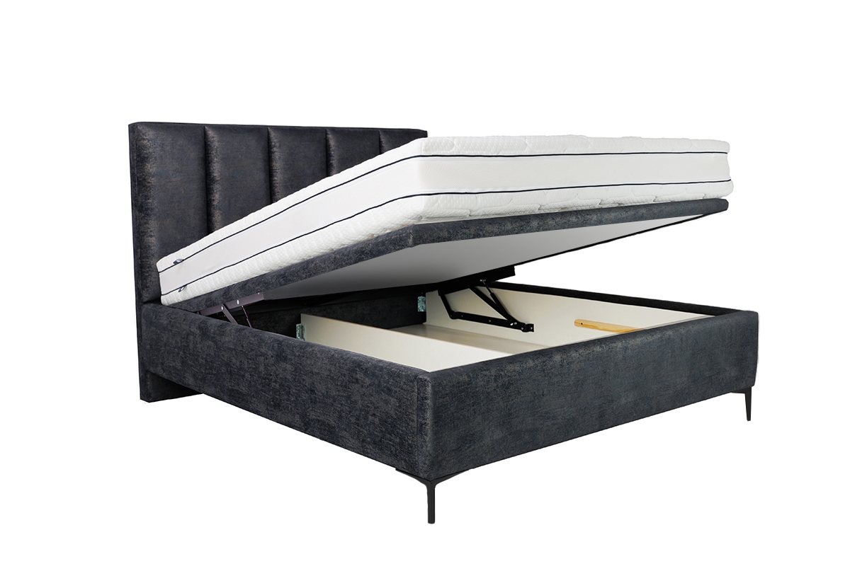 postel pro ložnice s čalouněným stelazem a úložným prostorem Klabi - 160x200, Nohy černé  šedý postel pro ložnice z miekkim wezglowiem 
