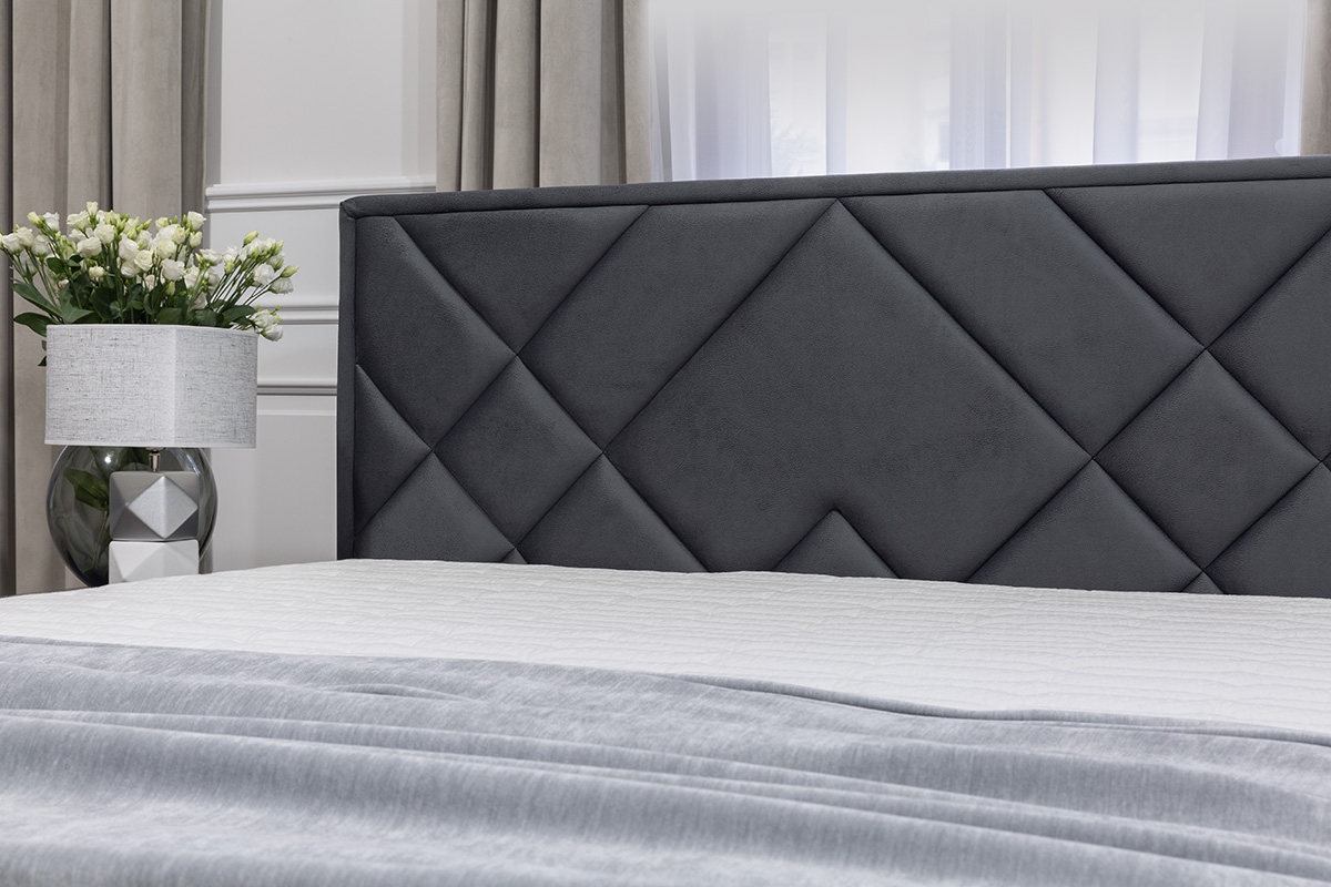 postel čalouněné do ložnice s úložným prostorem Simen - 160x200, Nohy černé šedý wezglowie Postele Simen 