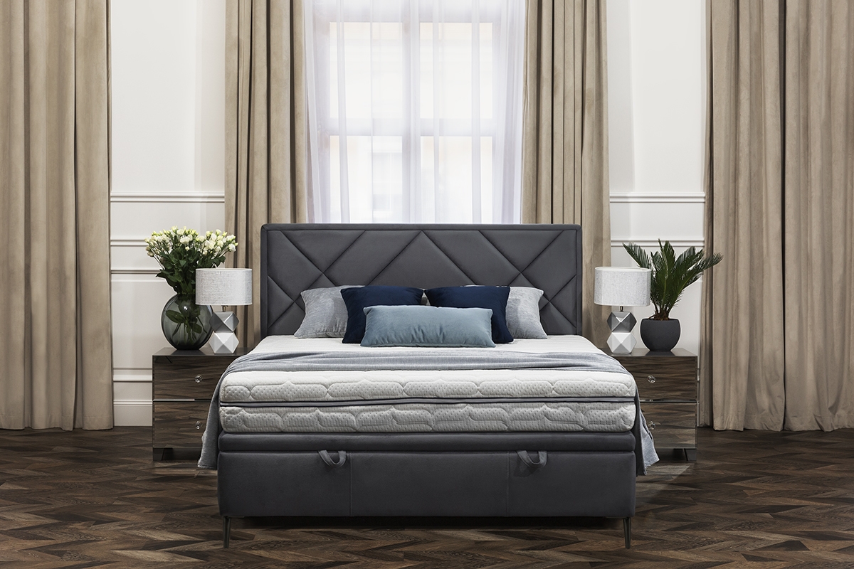 postel do ložnice s čalouněným stelazem a úložným prostorem Simen - 160x200, Nohy černé  postel do ložnice z miekkim wezglowiem 