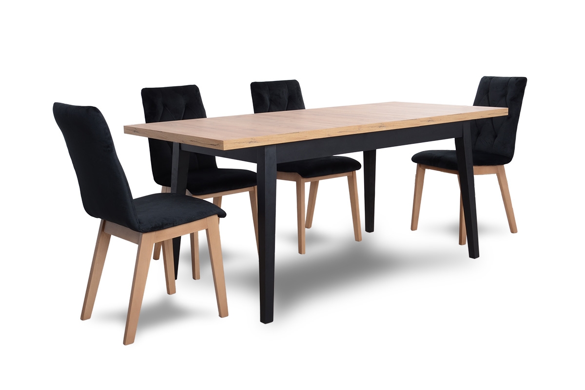 stůl pliere 120-160 Paris cu picioare din lemn stůl rozkladany 120-160 Paris cu picioare din lemn - stůl z czarnymi krzeslami