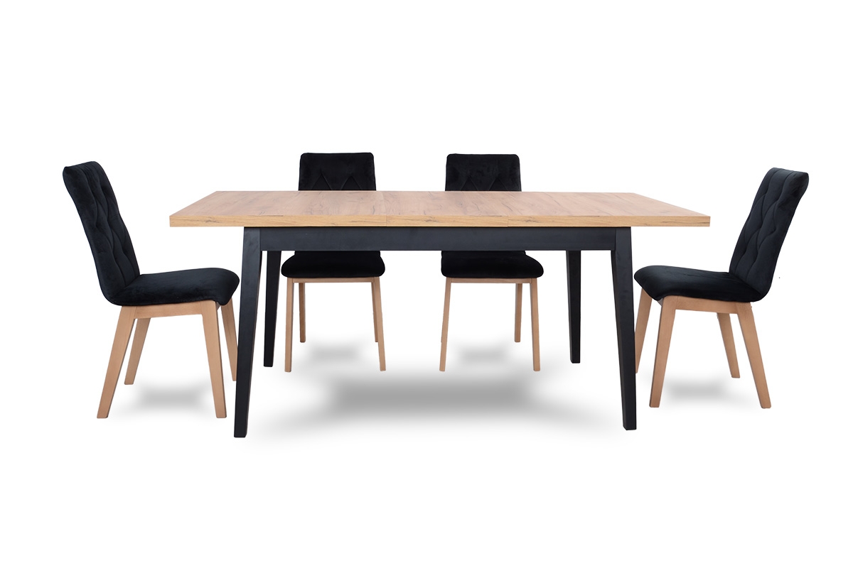 Stůl rozkladany 120-160 Paris na drewnianych nogach - Dub lancelot / biale Nohy Stůl i černé Židle