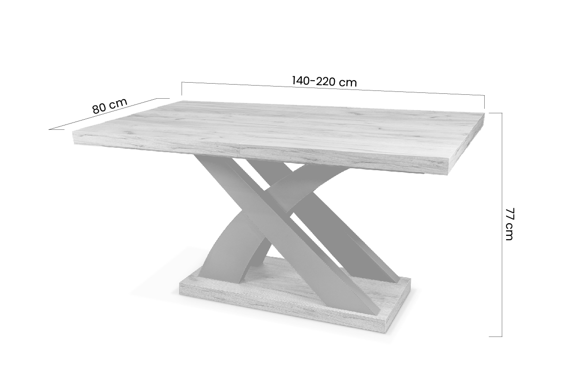 Sydney összecsukható asztal - 140-220 cm - X-alakú talppal - kézműves tölgy / fehér lábak stůl rozkladany 140-220 Sydney z podstawa w ksztalcie X - Dub craft / biale Lábak - Rozměry