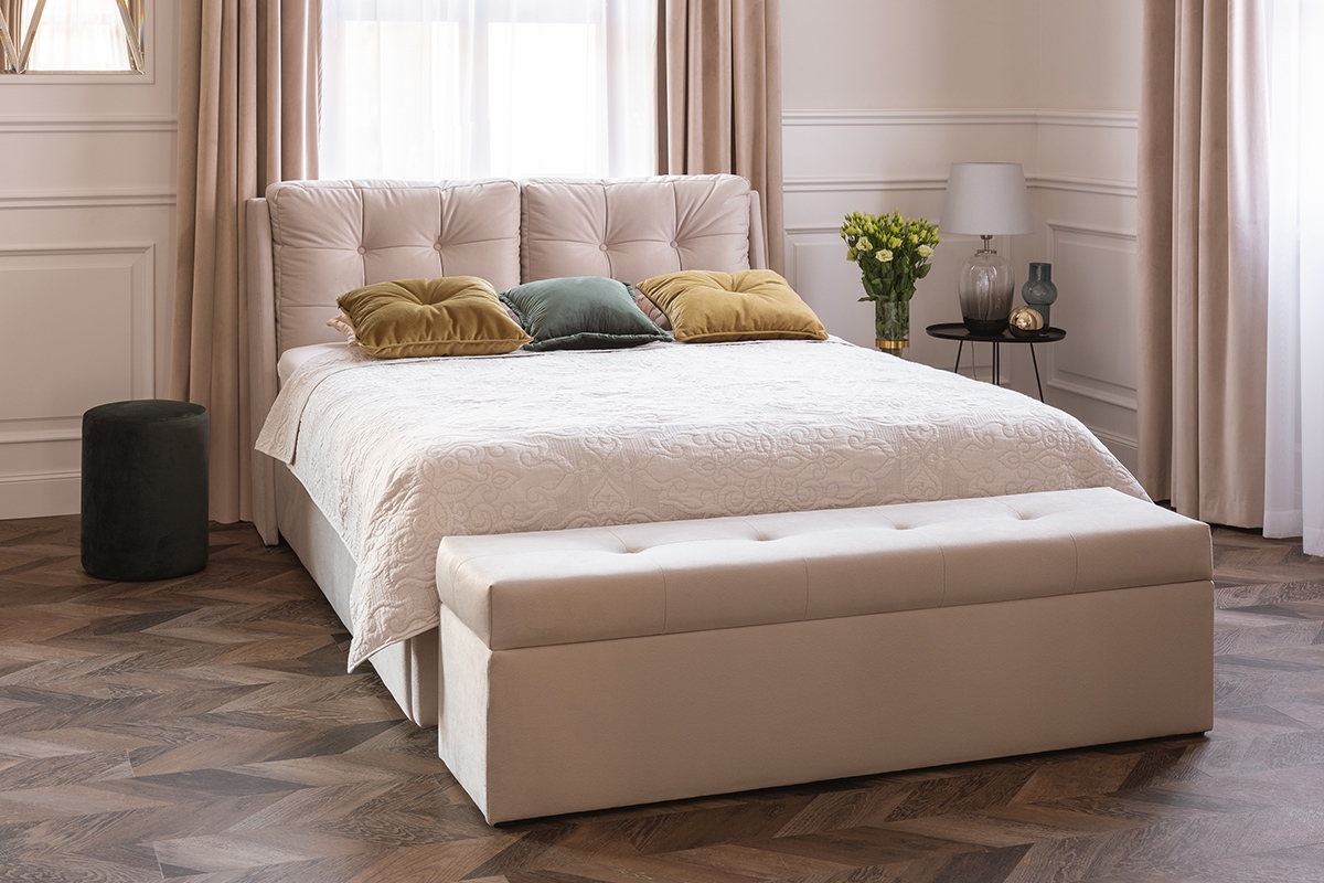 postel čalouněné pro ložnice ze stelazem Branti - 140x200, Nohy zlaté komfortowe postel pro ložnice z wysokim wezglowiem 
