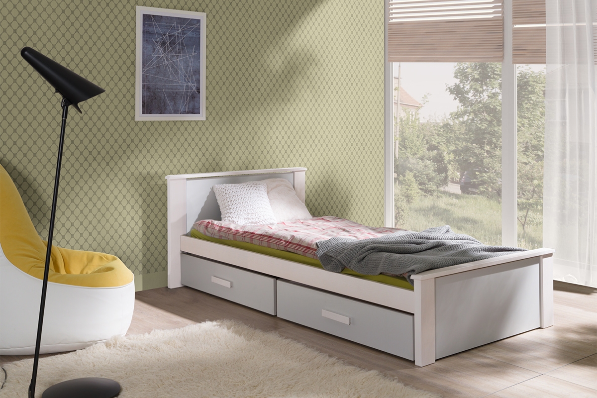 Posteľ dzieciece prízemná Puttio - Biely akryl + šedý, 90x200 komfortowe posteľ dzieciece  