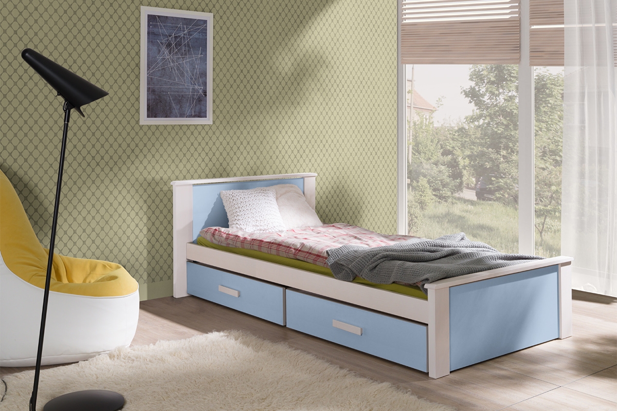 Posteľ dzieciece prízemná Puttio - Biely akryl + Modrý, 90x200 modrá-biale posteľ Puttio do izby chlopca 