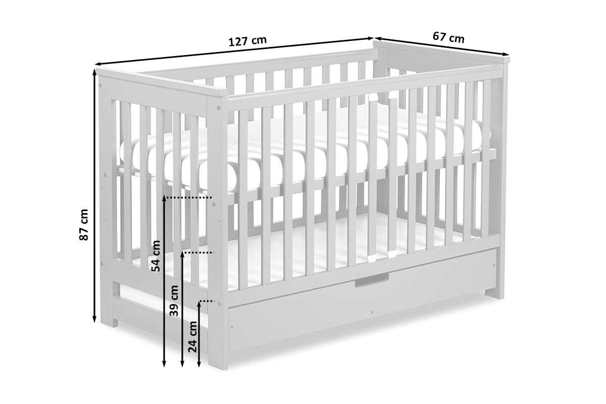 drevená posteľ dla niemowlaka z szuflada i barierka Iwo - Biely/Borovica, 120x60 drevená posteľ niemowlece Iwo - Rozmery 