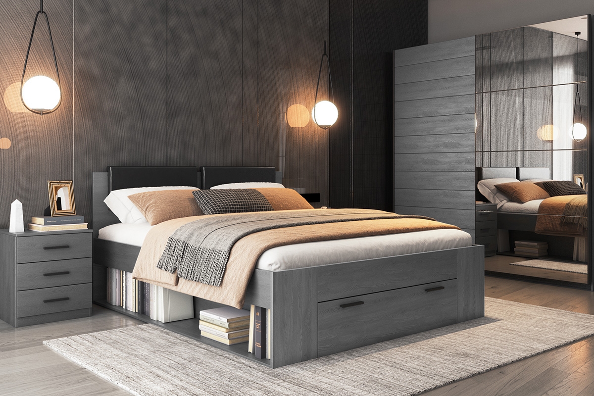 postel 160x200 s čalouněným wezglowiem Galaxy 51 - Dub carbon grafit Nábytek pro ložnice