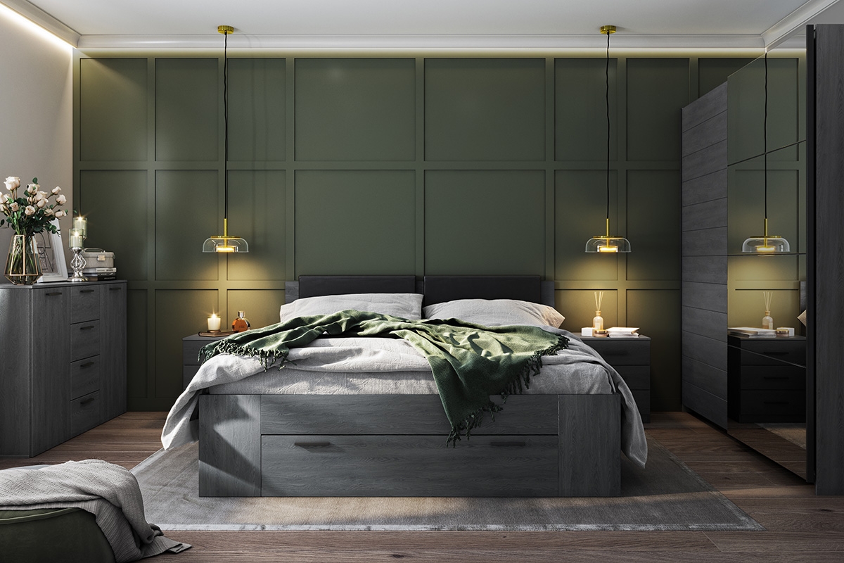 postel 160x200 s čalouněným wezglowiem Galaxy 51 - Dub carbon grafit Nábytek pro ložnice
