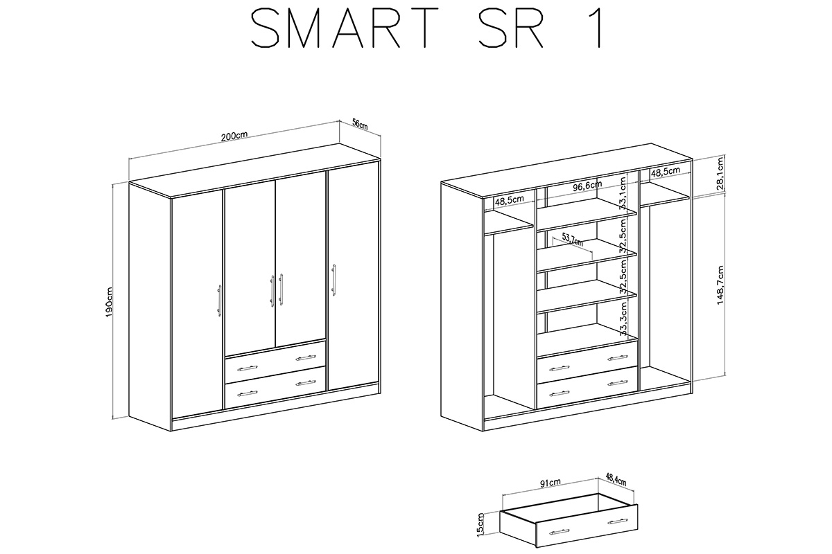 Skříň Smart SRL1 se zrcadlem - dub artisan Skříň čtyřdveřová se dvěma zásuvkami a zrcadlem Smart SRL1 - artisan - Rozměry