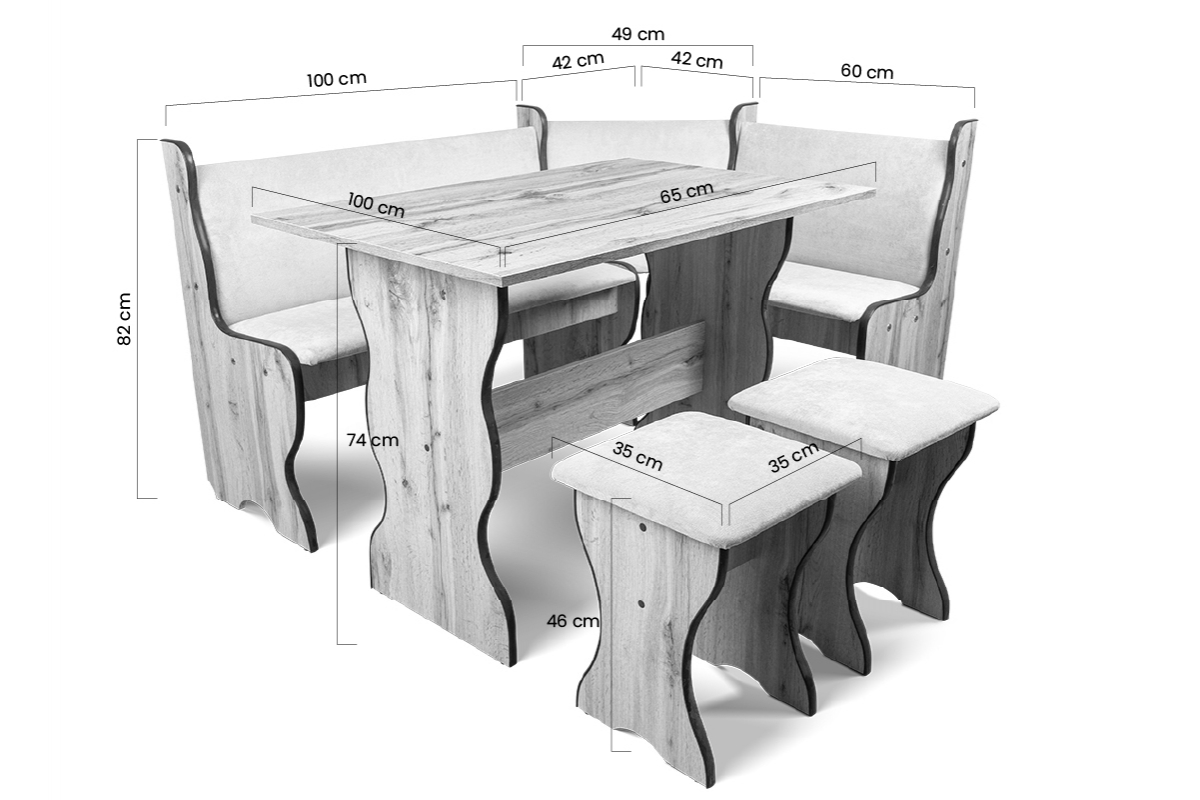 Jídelní set Denri rohová lavice ze stolem - bílá / Rosario 469 Kuchyňská rohová lavice ze stolem Denri - Rozměry 