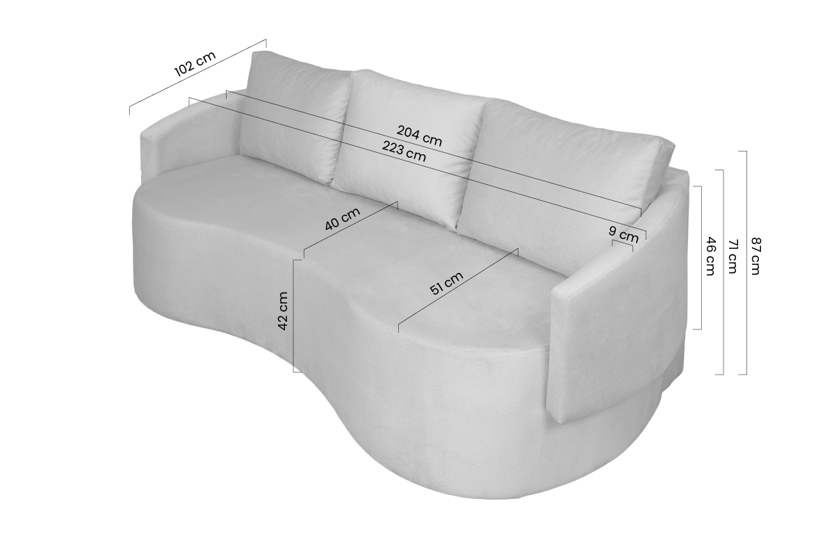 Karien összecsukható kanapé a nappaliba - bézs Element 17 - nagy rugalmasságú szivacs HR  Kanapé alvó funkcióval Karien - méretek 