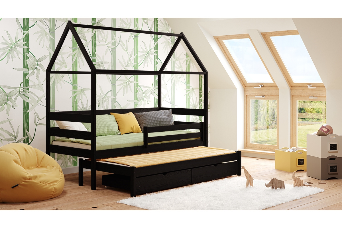 postel dětské domeček přízemní výsuvná Comfio - Černý, 90x180 postel dětské domeček přízemní výsuvná Comfio - Černý