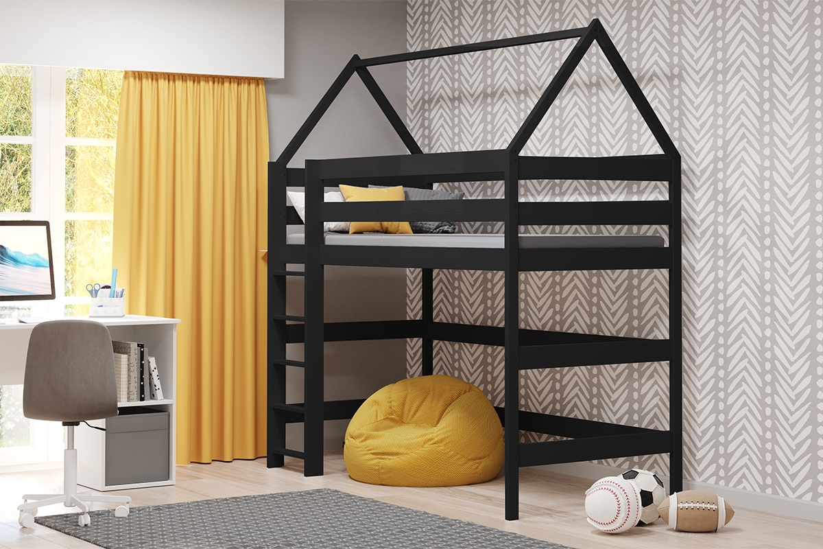 postel dětské domeček vyvýšená postel Comfio - Černý, 80x160 postel dětské domeček vyvýšená postel Comfio - Černý 