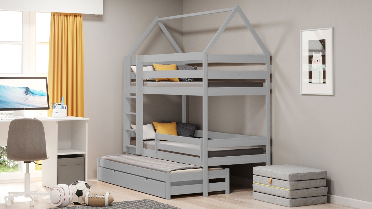 postel dětské domeček patrová  výsuvná Comfio - šedý, 80x180 postel dětské domeček patrová  výsuvná Comfio - šedý