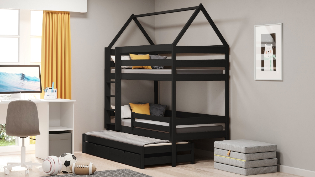 postel dětské domeček patrová  výsuvná Comfio - Černý, 80x200 postel dětské domeček patrová  výsuvná Comfio - Černý