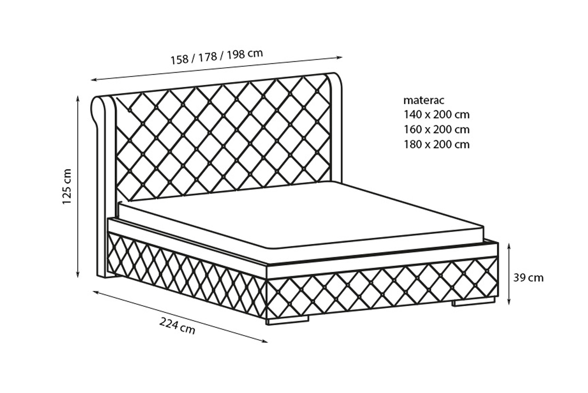 postel čalouněné Roma 140x200 s úložným prostorem postel čalouněné Roma 140x200 S vnitřním úložným prostorem- Rozměry