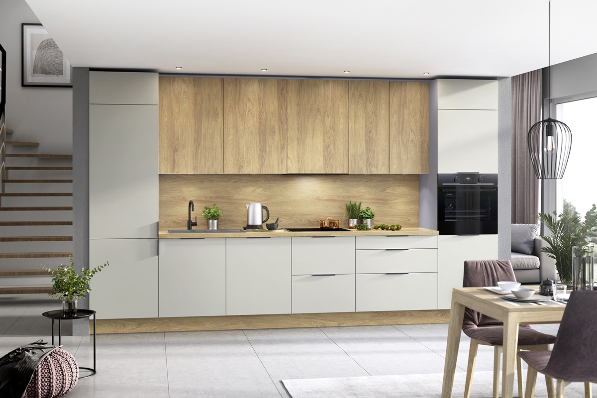 Bočný panel KAMMONO P2 k vysokým skrinkám - výška 147 cm kolekcia nábytku kuchynského Kammono - M4 brezee beige / P2 Dub hikora 