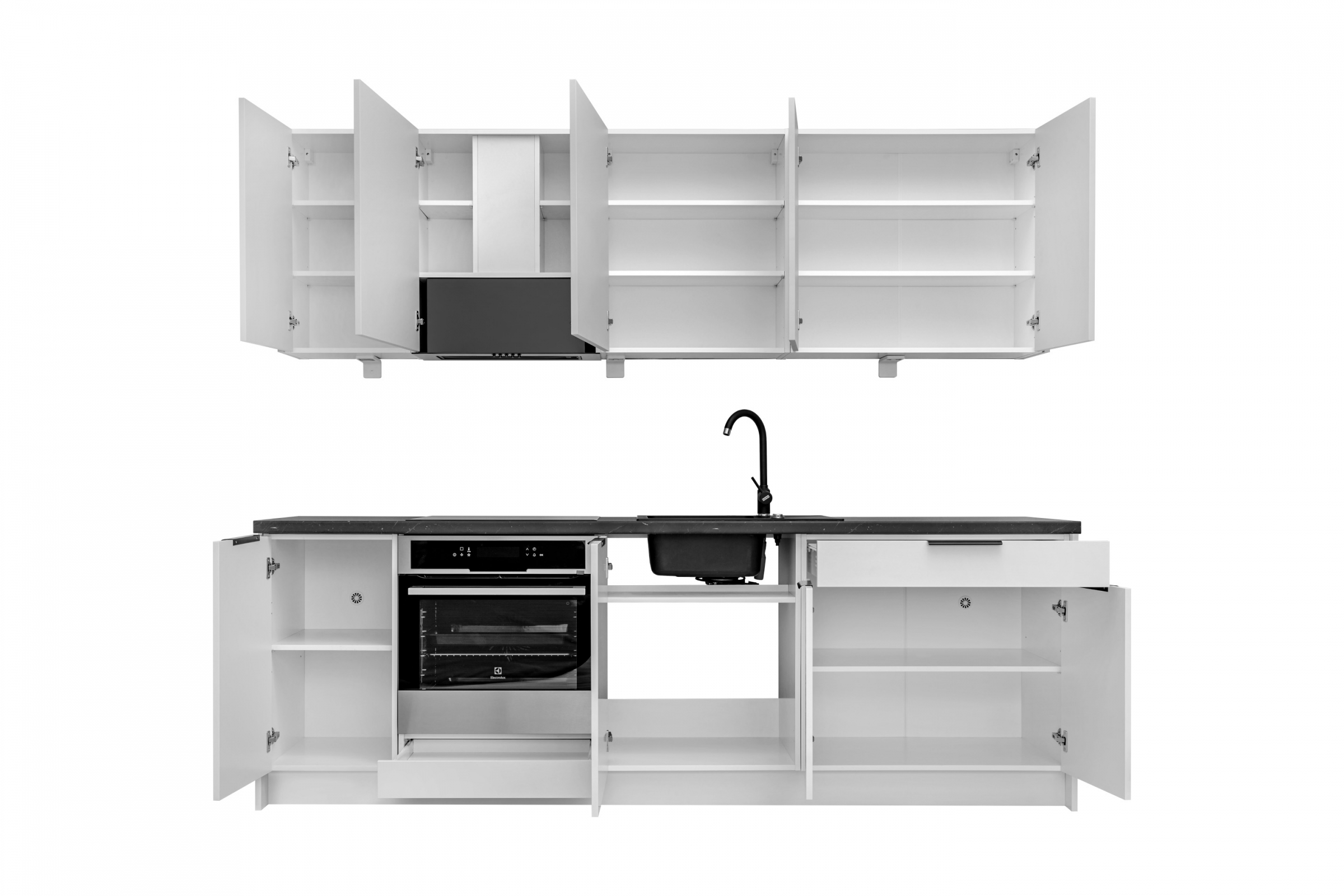 Komplet nábytku kuchennych Ilandia 240cm z czarnym okapem - šedá mat Komplet nábytku kuchennych Ilandia 240cm z czarnym okapem - šedá mat