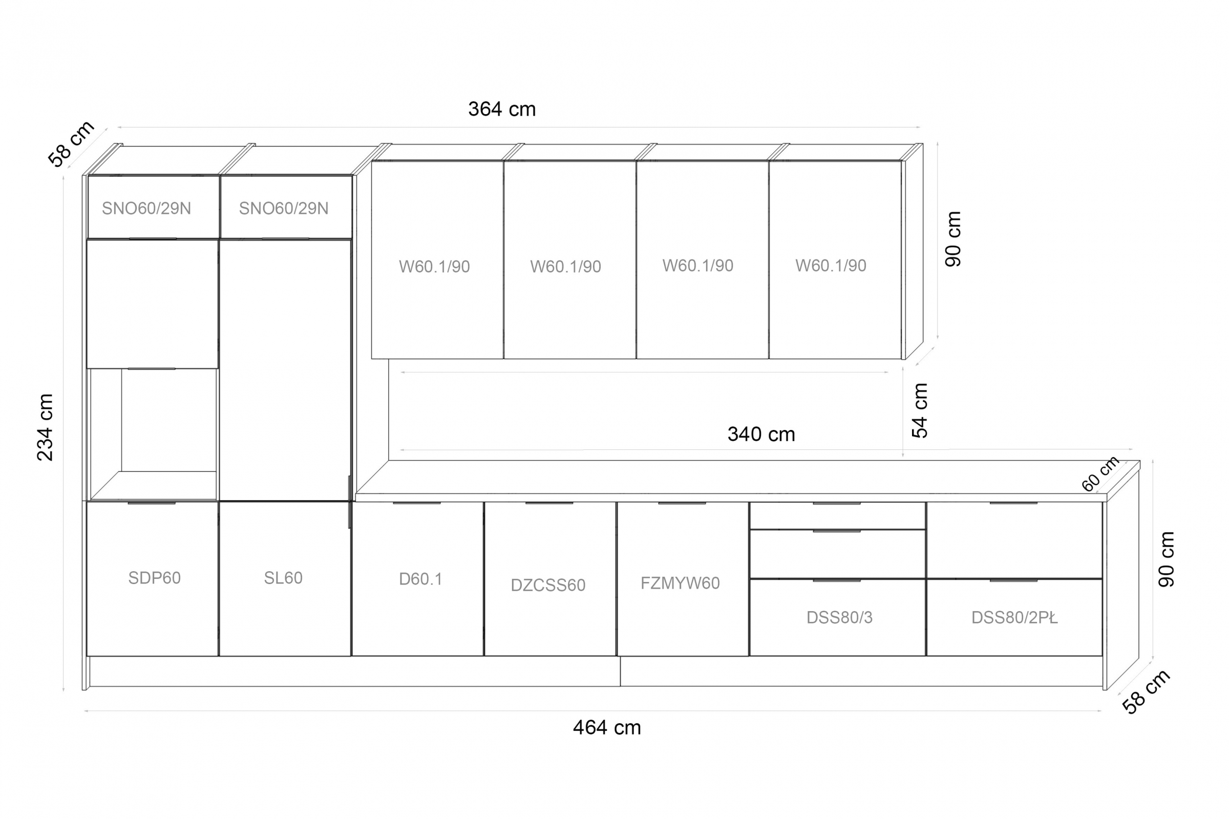 Kuchyňská linka Kammono 460 cm - K2 šedý dub / P4 bílý mat Komplet nábytku kuchennych Kammono 460cm - K2 dub šedá0 / P4 bílý mat