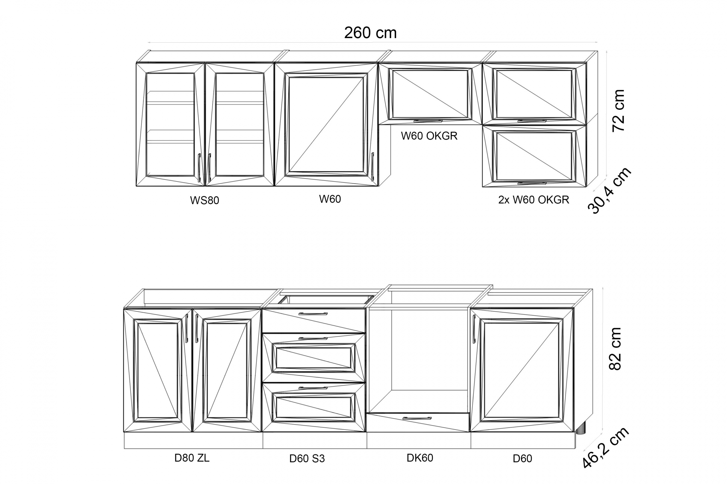 Komplet nábytku kuchennych Natalia 260cm z DK60 - šedá mat Komplet nábytku kuchennych Natalia 260cm z DK60 - šedá mat