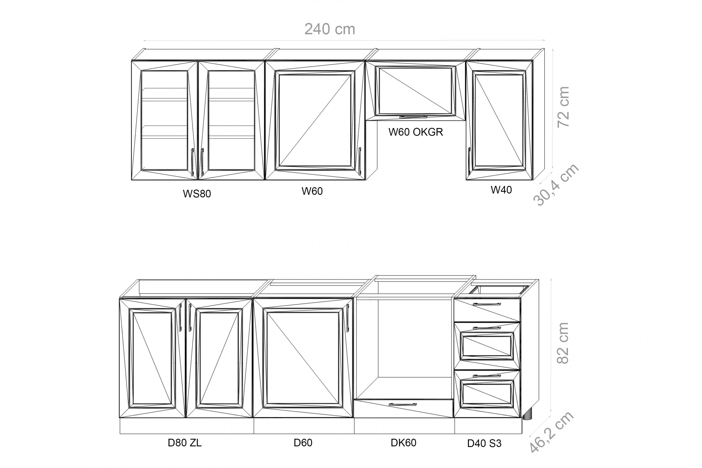 Kuchynský nábytkový komplet Natalia 240 cm s DK60 - krémový mat Komplet nábytku kuchynského Natalia 240cm z DK60 - Krém mat