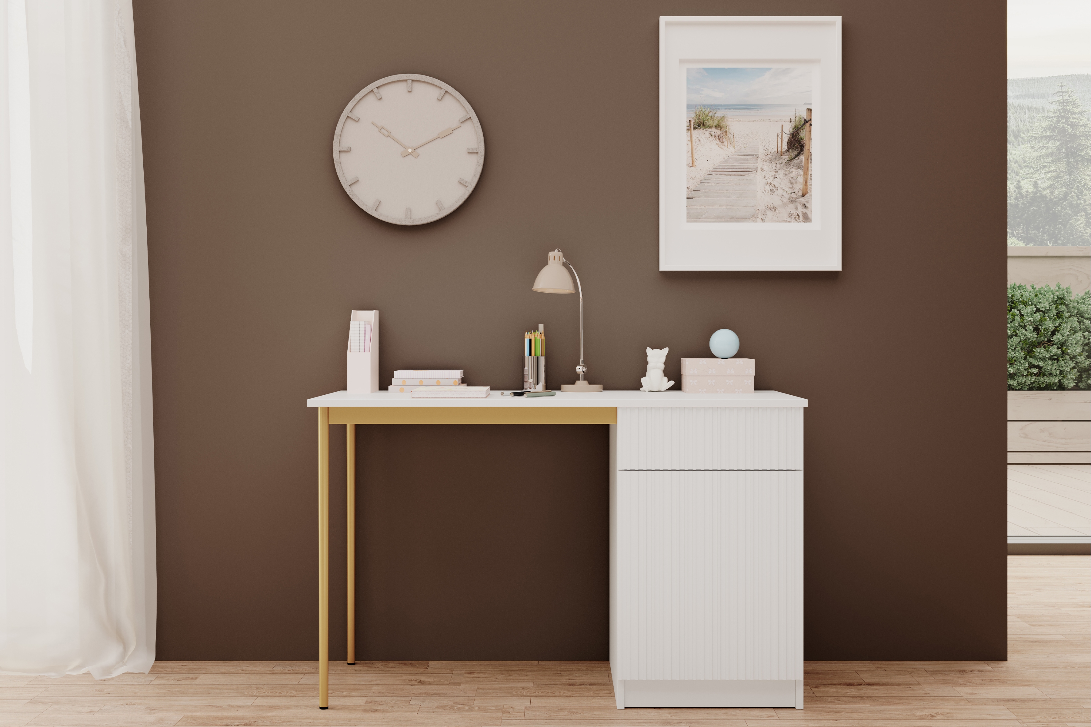 Psací stůl Nicole 120 cm – bílý mat / zlaté nožky psací stůl Nicole 120 cm z szuflada - bílý mat / zlote nozki