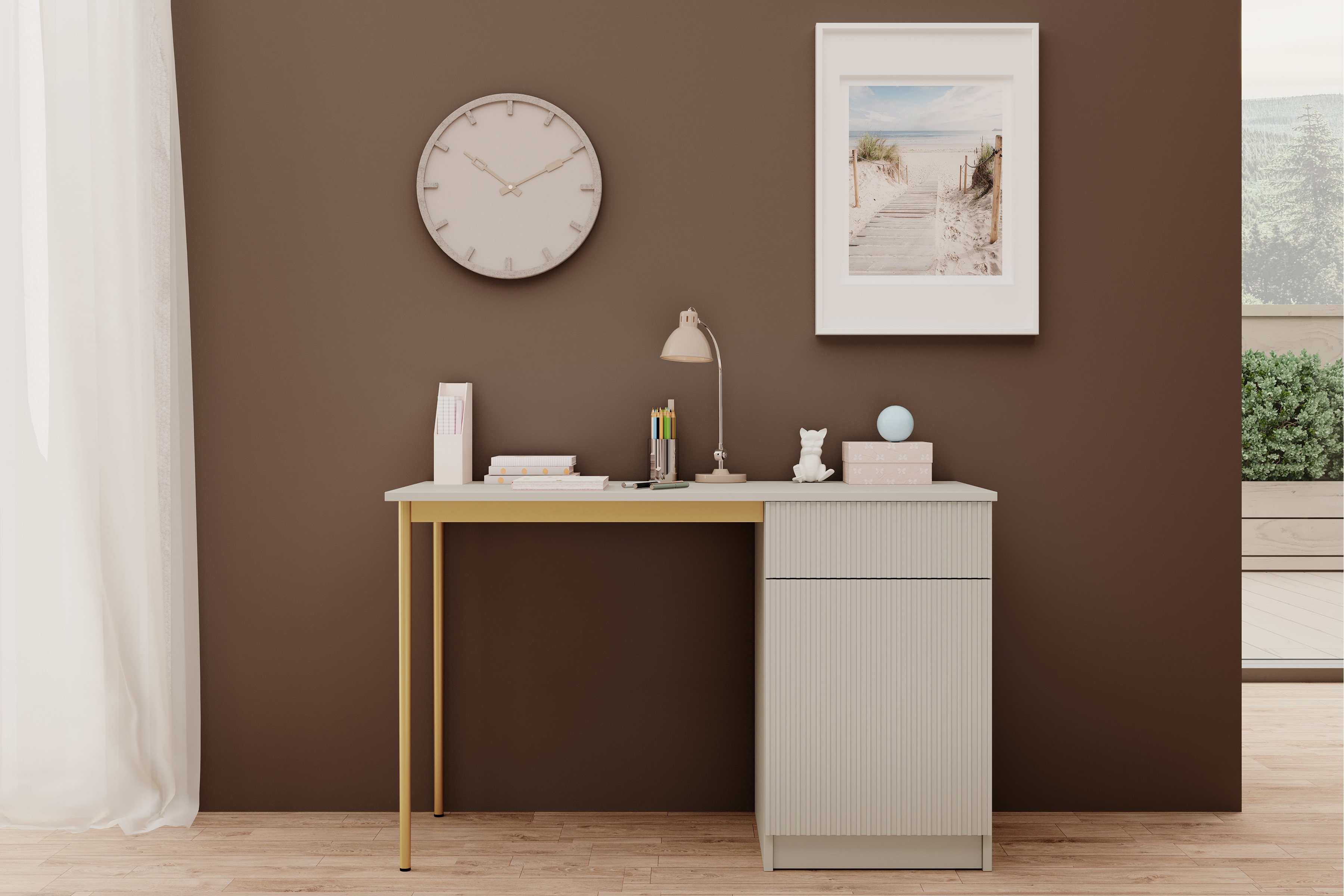 Písací stôl Nicole 120 cm so zásuvkou – kašmírová / zlatá Písací stôl Nicole 120 cm z szuflada - kašmír / zlote nozki (wolnostojace)