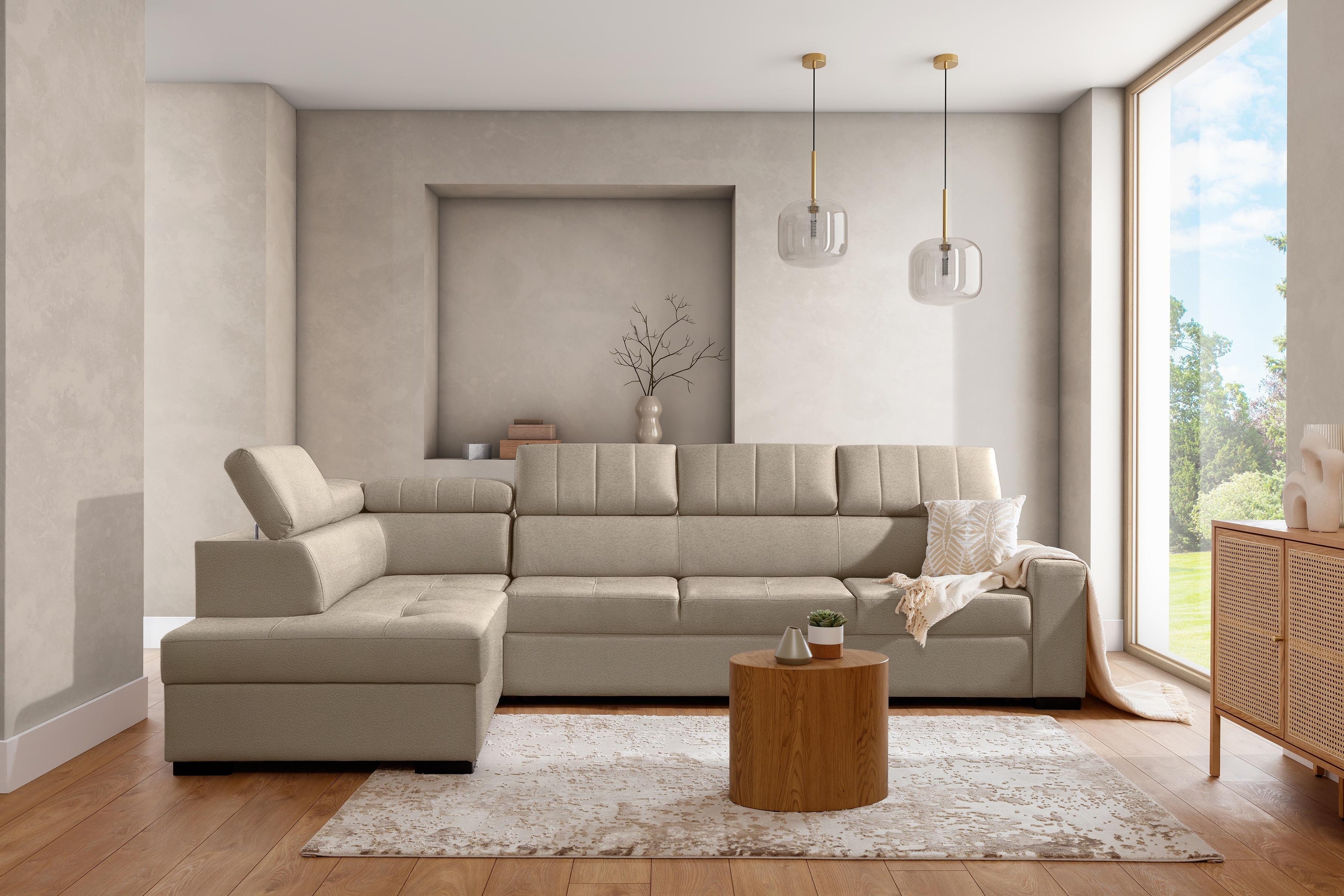 Rozkladacia rohová sedacia súprava Modeno Maxi ľavá - krémová pletenina Ado 1601  Rohová sedacia súprava s funkciou spánku Modeno Maxi Ľavá strana - kremowa plecionka Ado 1601 