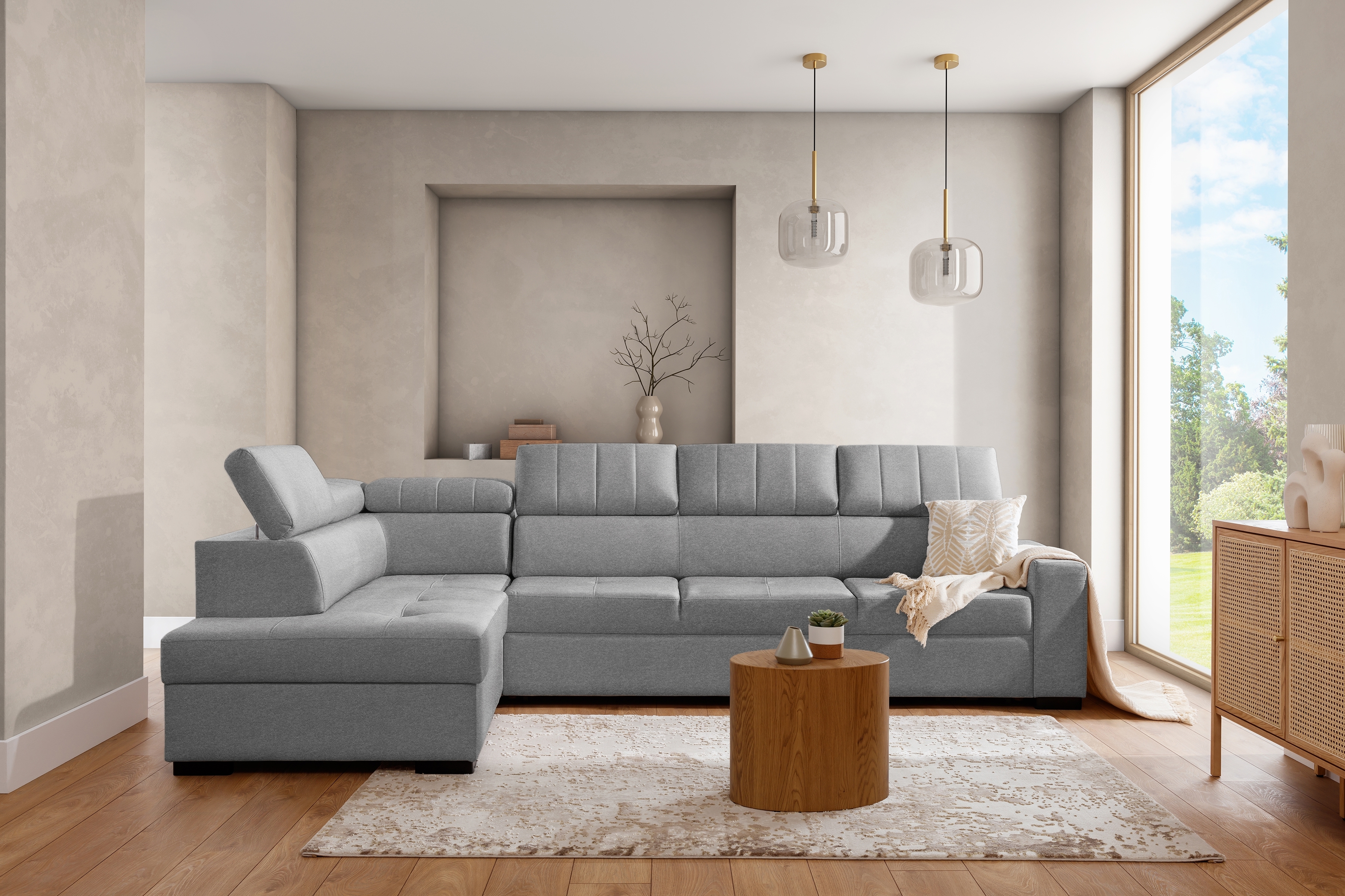 Rozkladacia rohová sedacia súprava Modeno Maxi ľavá - šedá pletenina Ado 1615  Rohová sedacia súprava s funkciou spánku Modeno Maxi Ľavá strana - šedá plecionka Ado 1615 