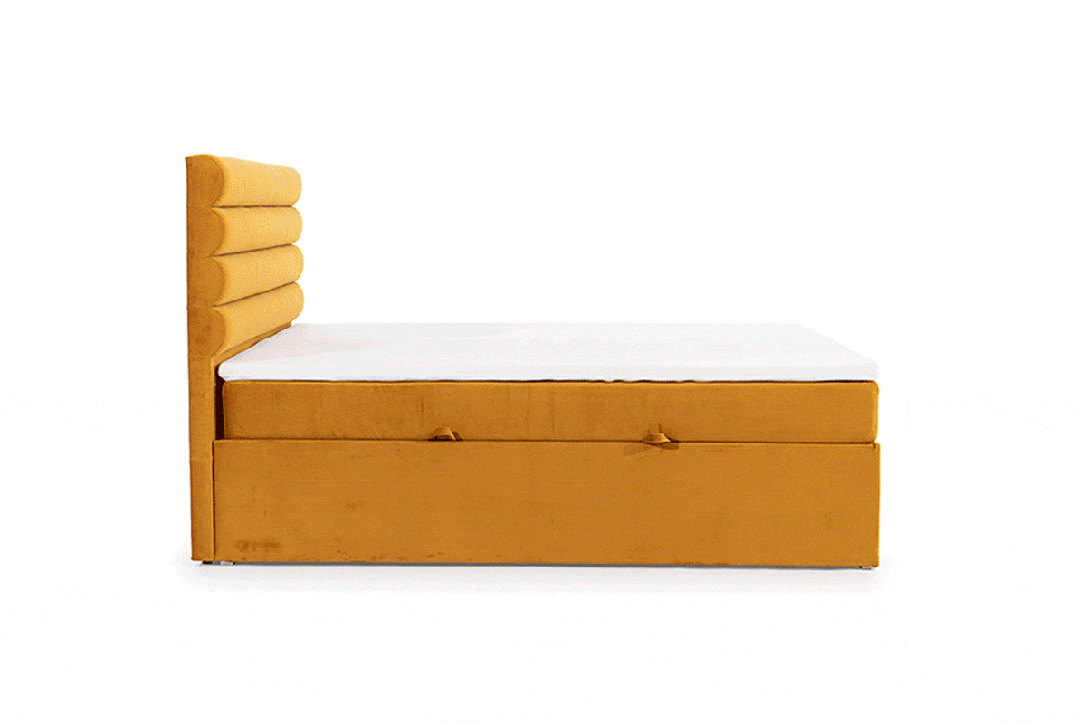 Boxspring posteľ s úložným priestorom Riminis 160x200 - horčicová velúr Evita 12 - Koncovka Série  Boxspring posteľ s úložným priestorom Riminis 160x200 - horčicová velúr Evita 12