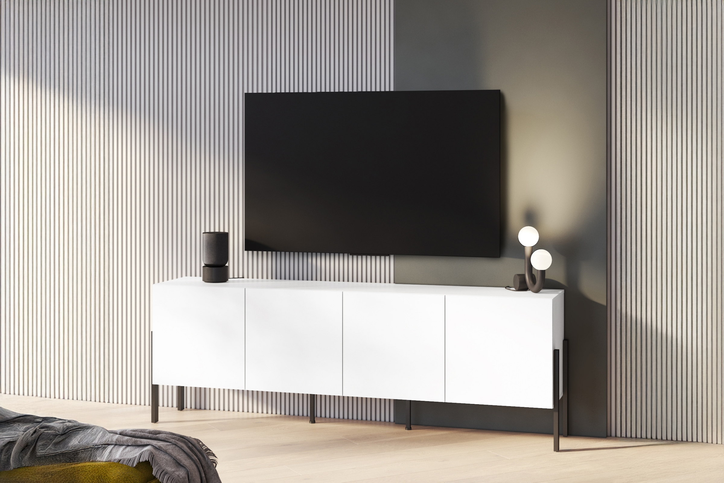 skříňka RTV Jukon 204 cm - bílá supermat / černé nožičky - Výprodej z expozice skříňka RTV Wezilo 204 cm - bílá supermat / černé nožičky - Výprodej z expozice