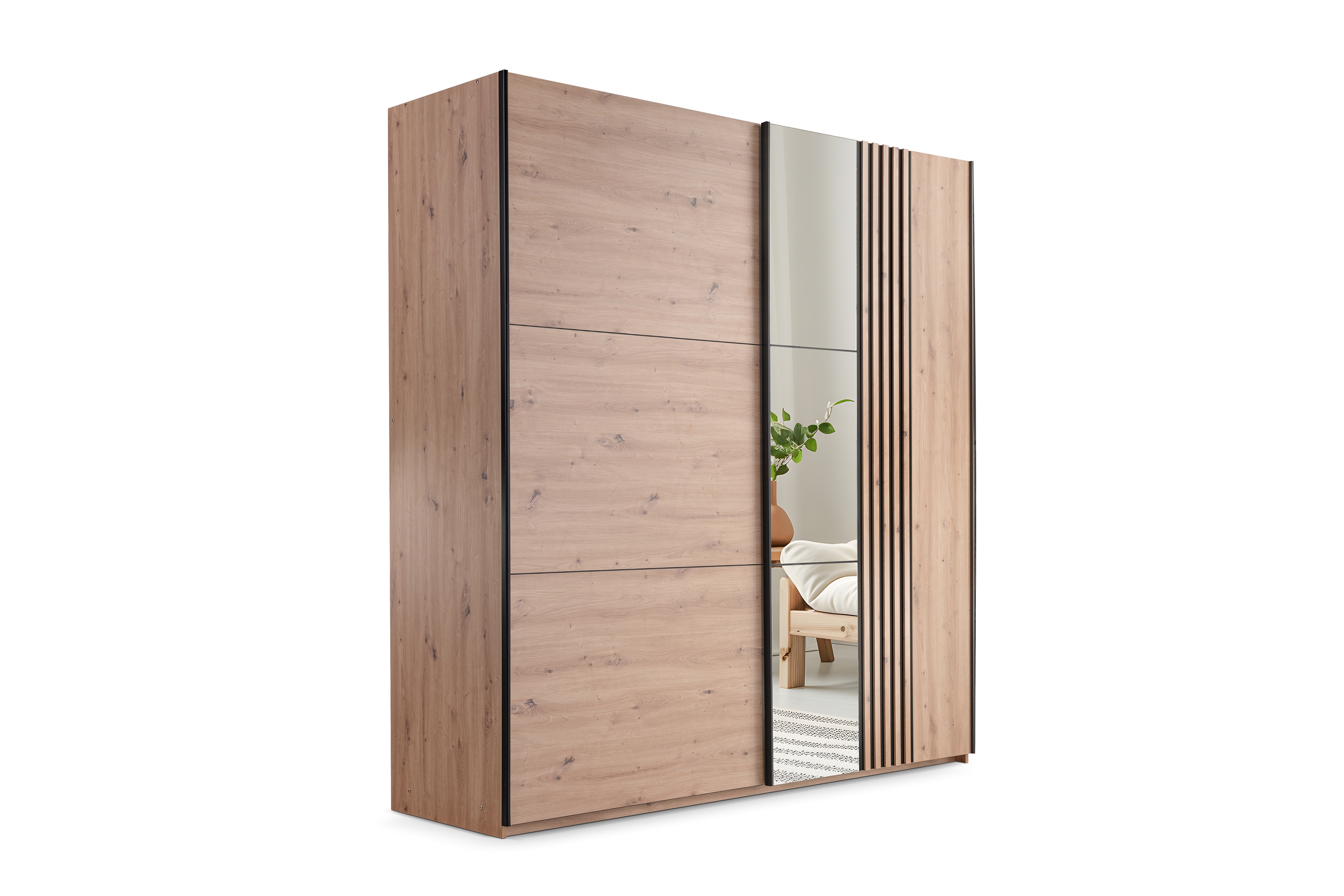 Skříň s posuvnými dveřmi Sintra 250 cm se zrcadlem - dub artisan / černá skříň z zrcadlem Jonari 250 cm przesuwna z lamelami - dub artisan / černá  