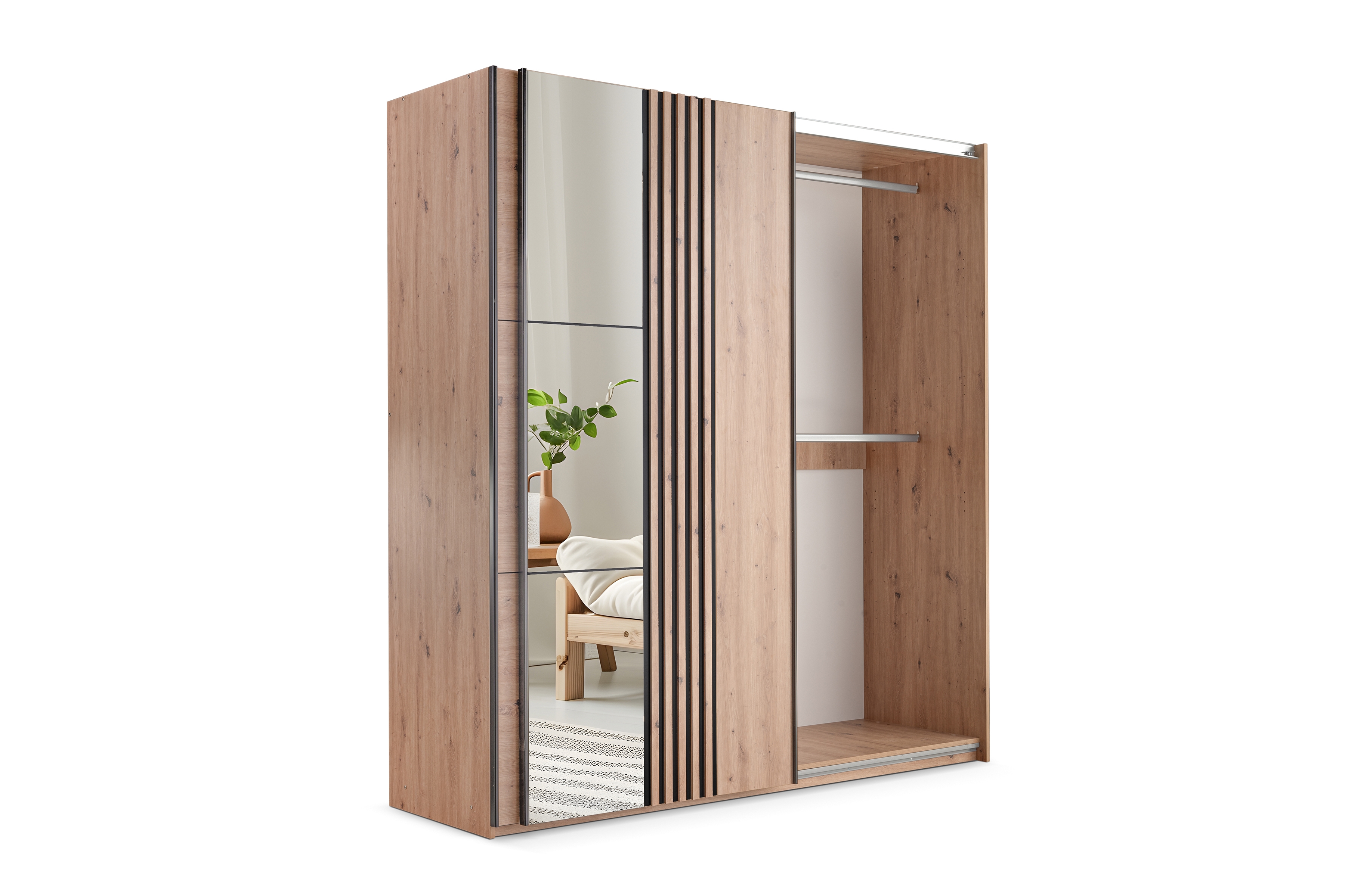 Skříň s posuvnými dveřmi Sintra 250 cm se zrcadlem - dub artisan / černá skříň z zrcadlem Jonari 250 cm przesuwna z lamelami - dub artisan / černá  