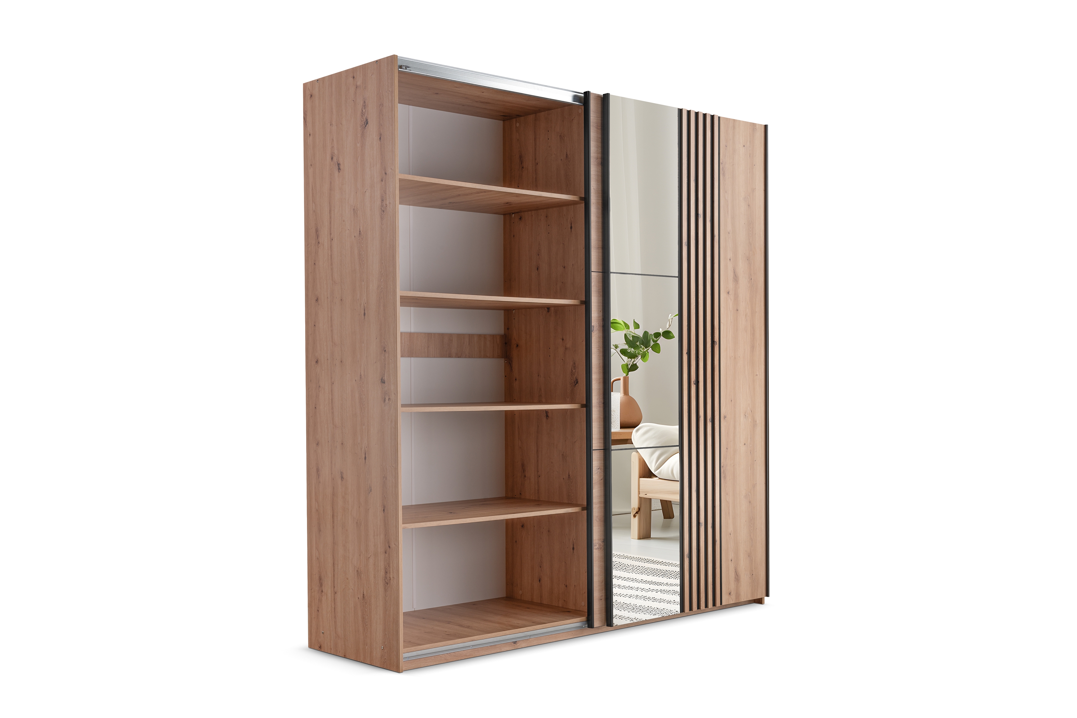 Skříň s posuvnými dveřmi Sintra 250 cm se zrcadlem - dub artisan / černá skříň z zrcadlem Jonari 250 cm przesuwna z lamelami - dub artisan / černá  