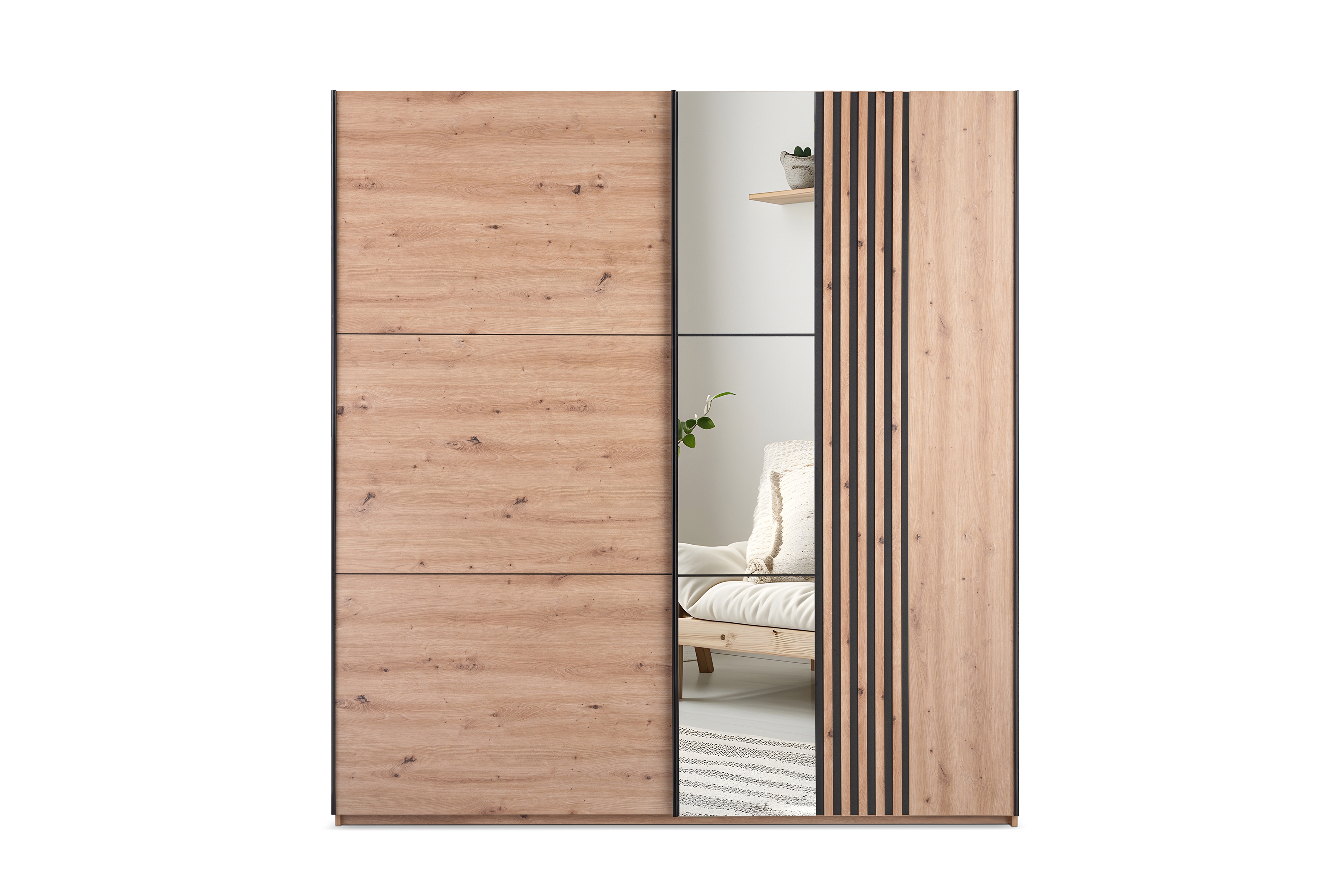 Skříň s posuvnými dveřmi Sintra 250 cm se zrcadlem - dub artisan / černá skříň z zrcadlem Jonari 250 cm przesuwna z lamelami - dub artisan / černá  