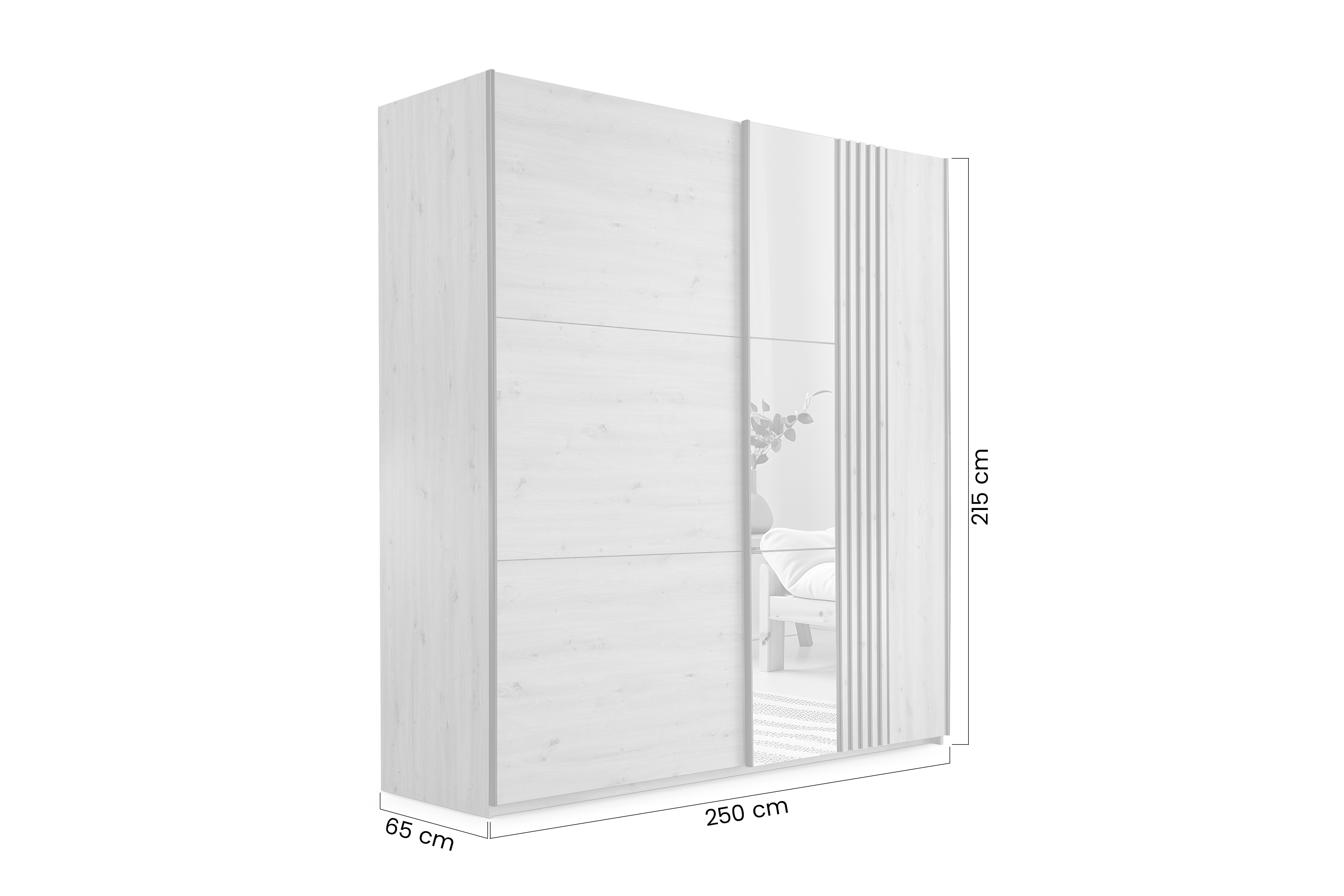 Šatníková skriňa Sintra 250 cm s posuvnými dverami a zrkadlom - dub wotan / biela Skriňa z zrkadlom Jonari 250 cm s posuvnými dverami z lamelami - Dub wotan / Biely 