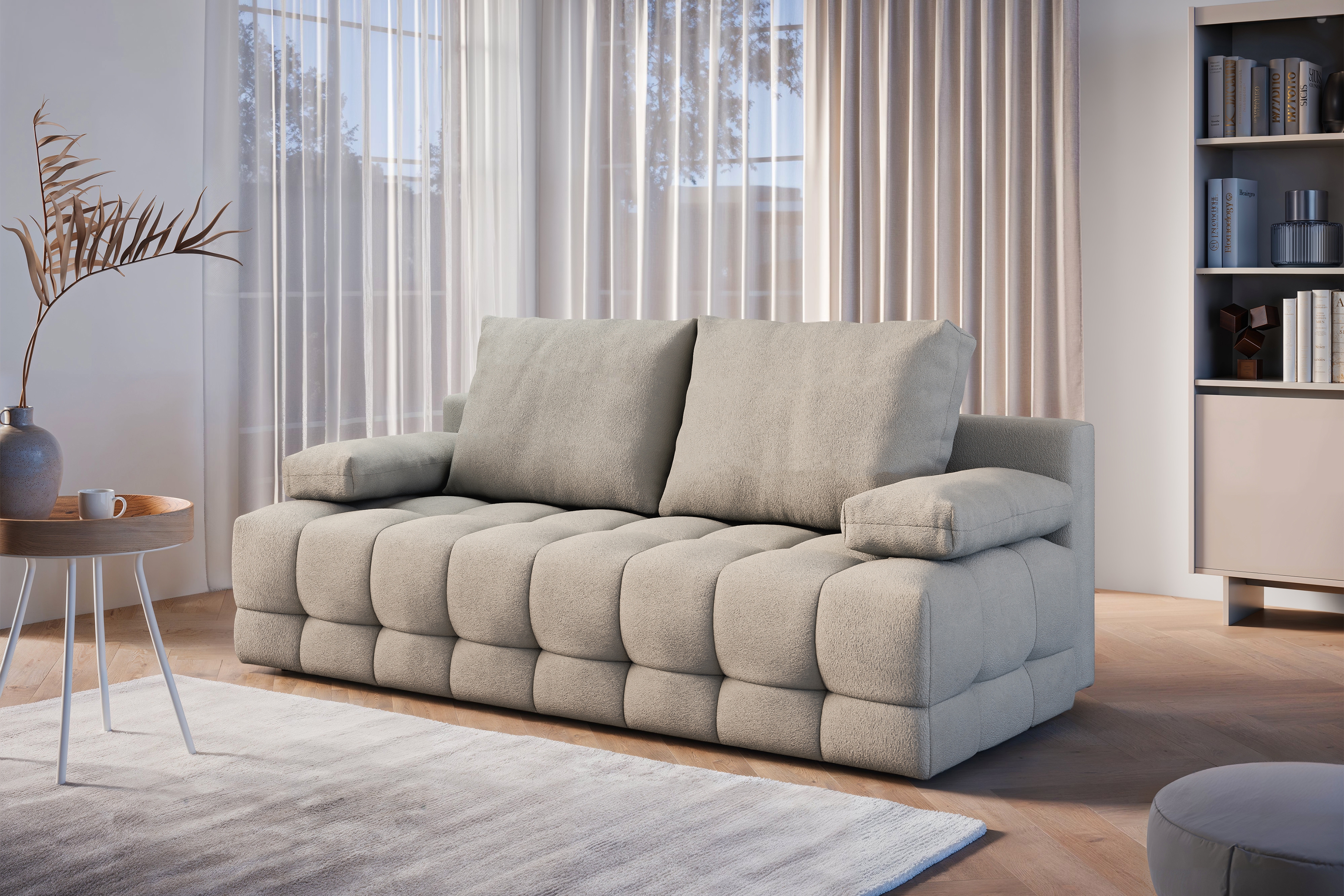 Rozkladacia pohovka Tuko s úložným priestorom – béžová pletenina Freya 210.03 Pohovka Tuko rozkladana S vnútorným úložným priestorom- Béžová boucle Gerra 105 