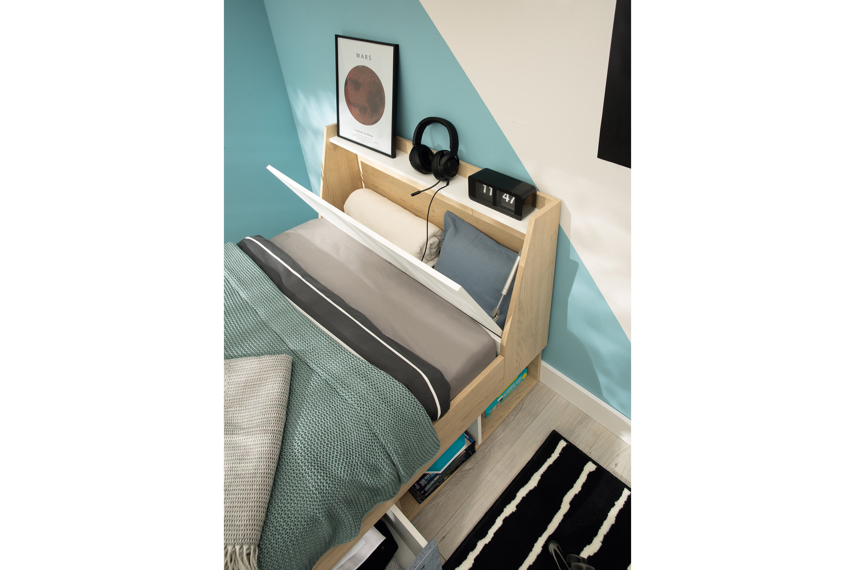 Detská posteľ Step ST11 90x200 s úložným priestorom - dub piškótový / biely lux / betón Posteľ mlodziezowe Step ST11 90x200 so zásuvkami a úložným priestorom - Dub biszkoptowy / Biely lux / beton