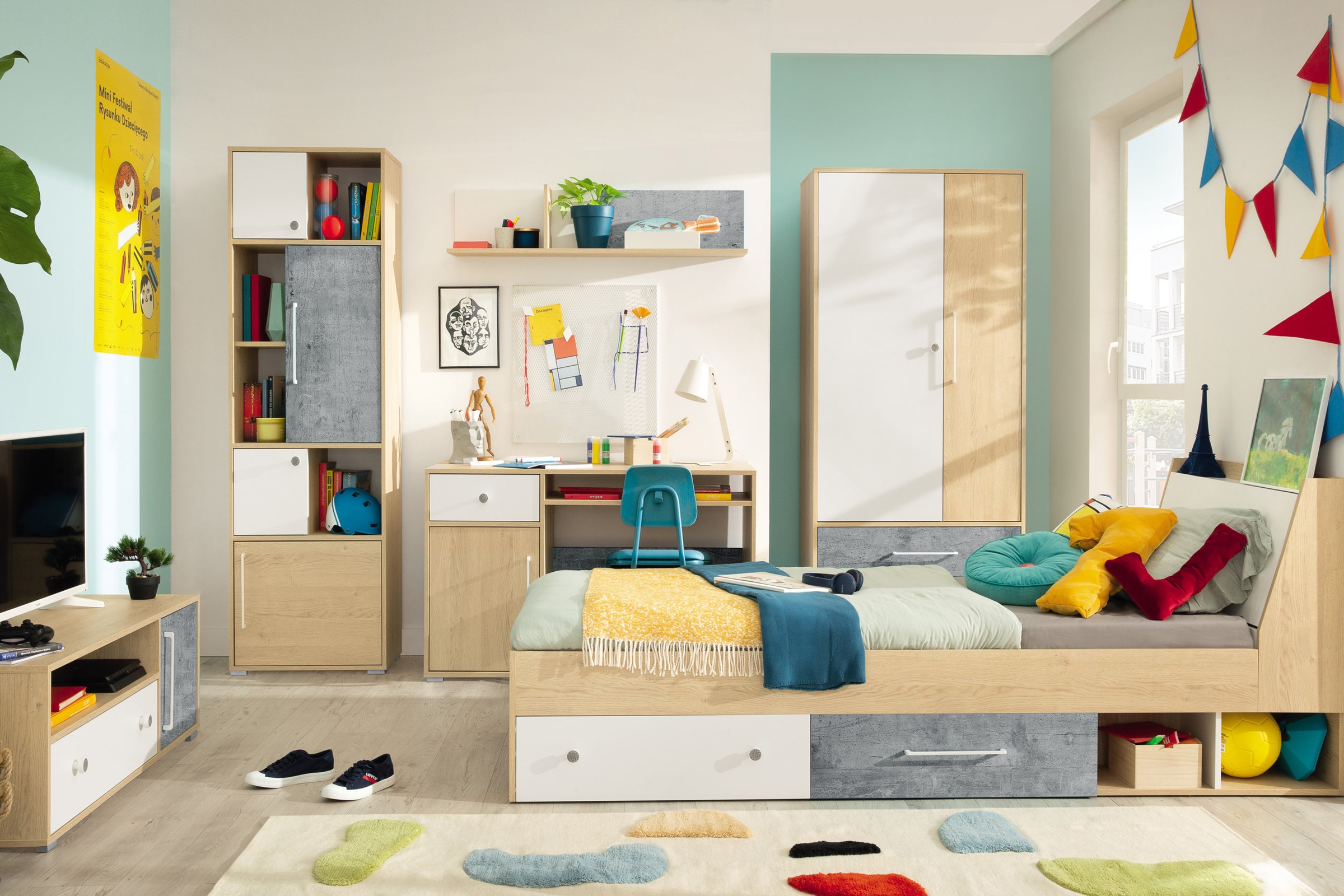 Detská posteľ Step ST12 120x200 s úložným priestorom - dub piškótový / biely lux / betón Posteľ mlodziezowe Step ST11 120x200 so zásuvkami a úložným priestorom - Dub biszkoptowy / Biely lux / beton