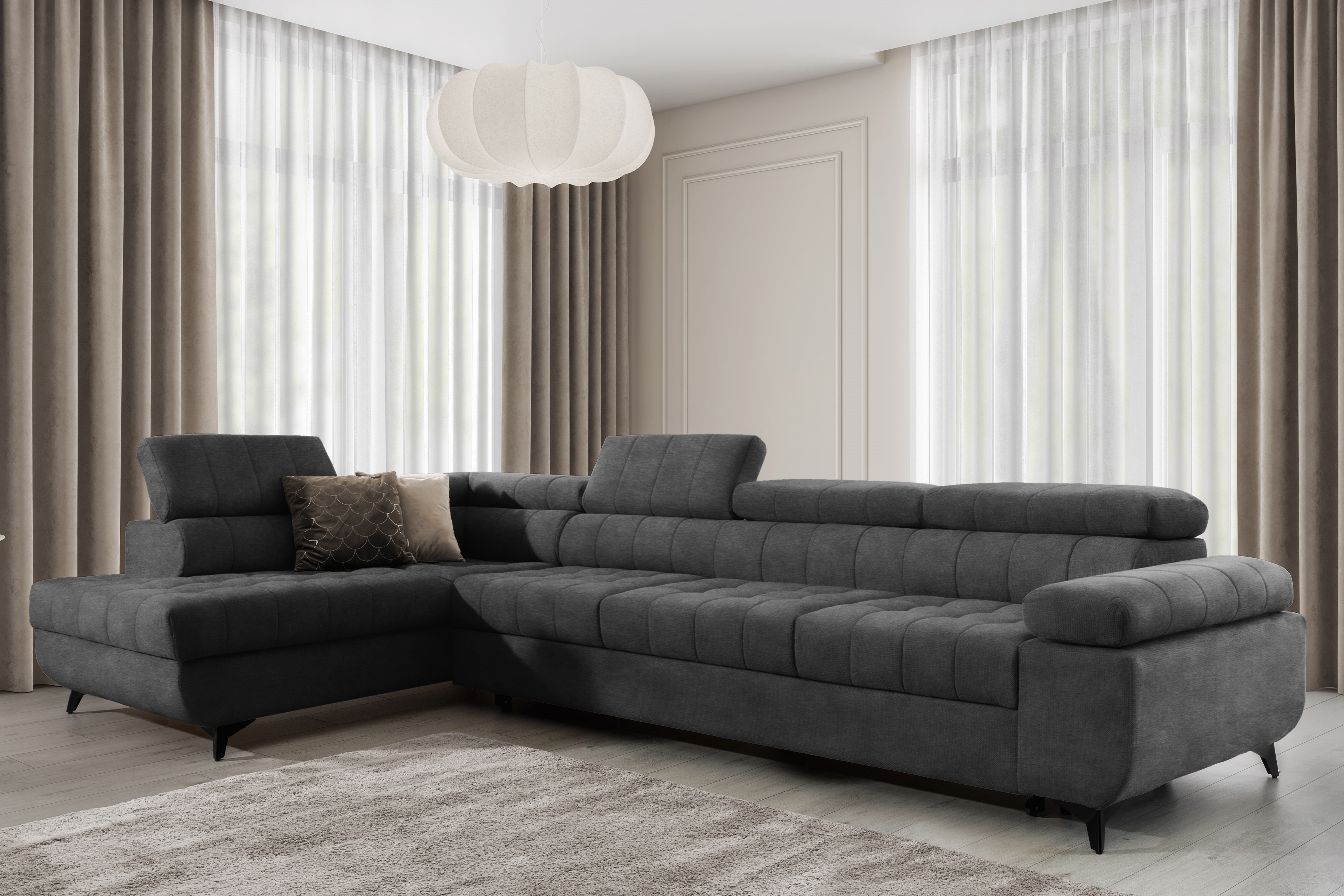 Rozkládací rohová sedací souprava Dragonis Maxi levá - grafitová Zetta 305 Rohová sedací souprava Dragonis Maxi rozkládací levá - grafitová samet latwoczyszczacy Zetta 305