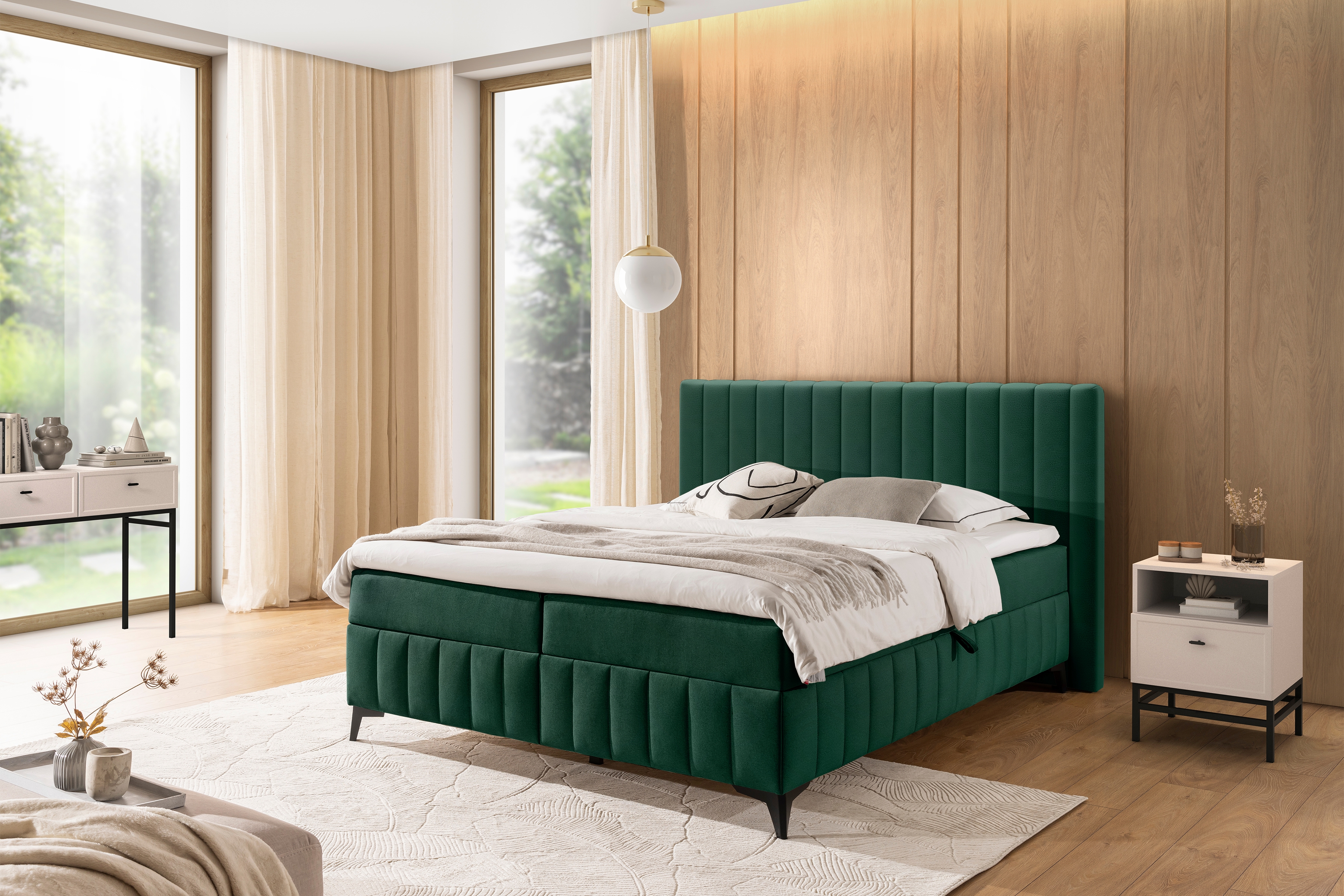 Boxspring posteľ Verona 180x200 s úložným priestorom – zelený hydrofóbny zamat Amon 06 Boxspring posteľ Verona 180x200 s úložným priestorom - Zelený velúr hydrofobowy Amon 06 