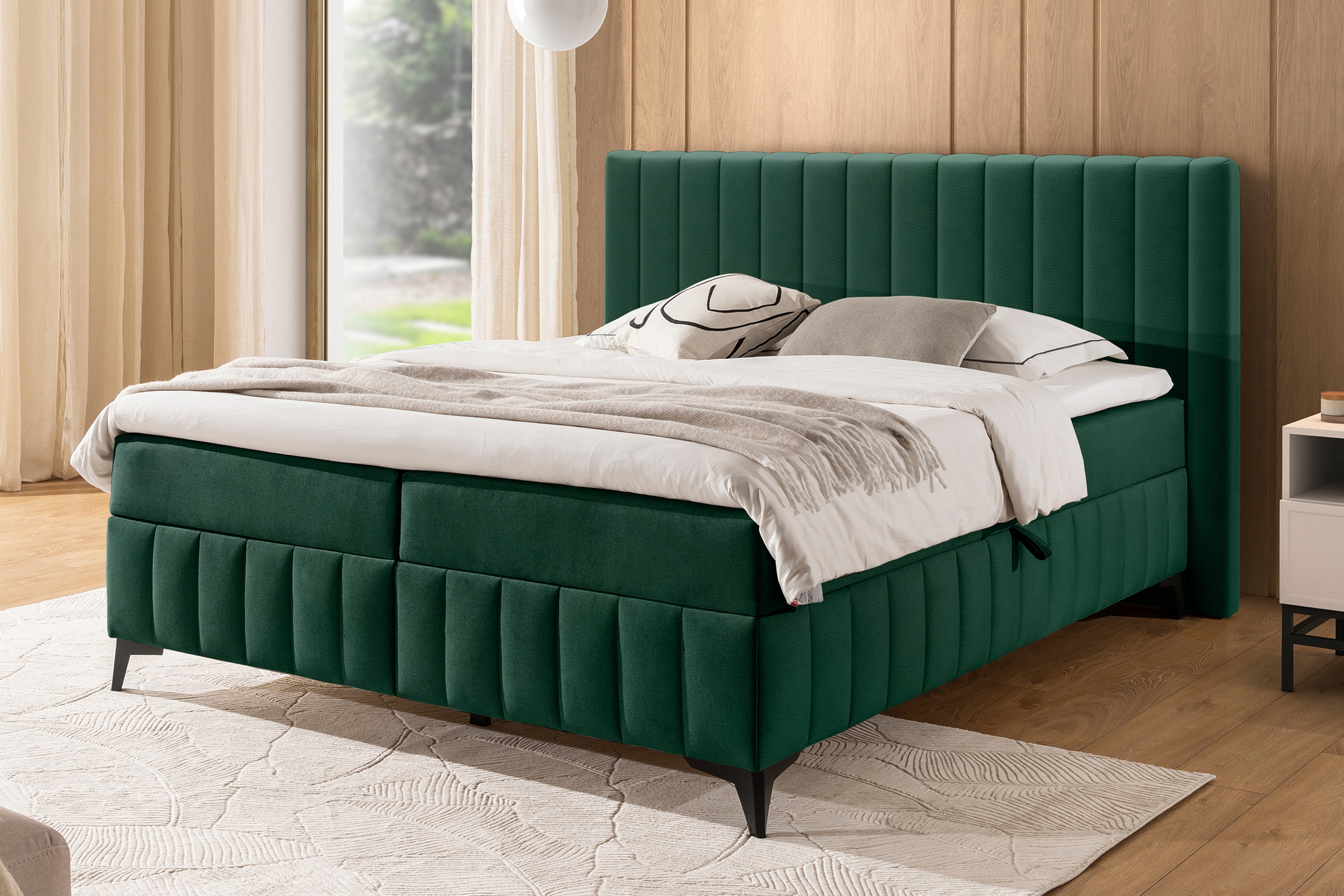 Boxspring posteľ Verona 180x200 s úložným priestorom – zelený hydrofóbny zamat Amon 06 Boxspring posteľ Verona 180x200 s úložným priestorom - Zelený velúr hydrofobowy Amon 06 
